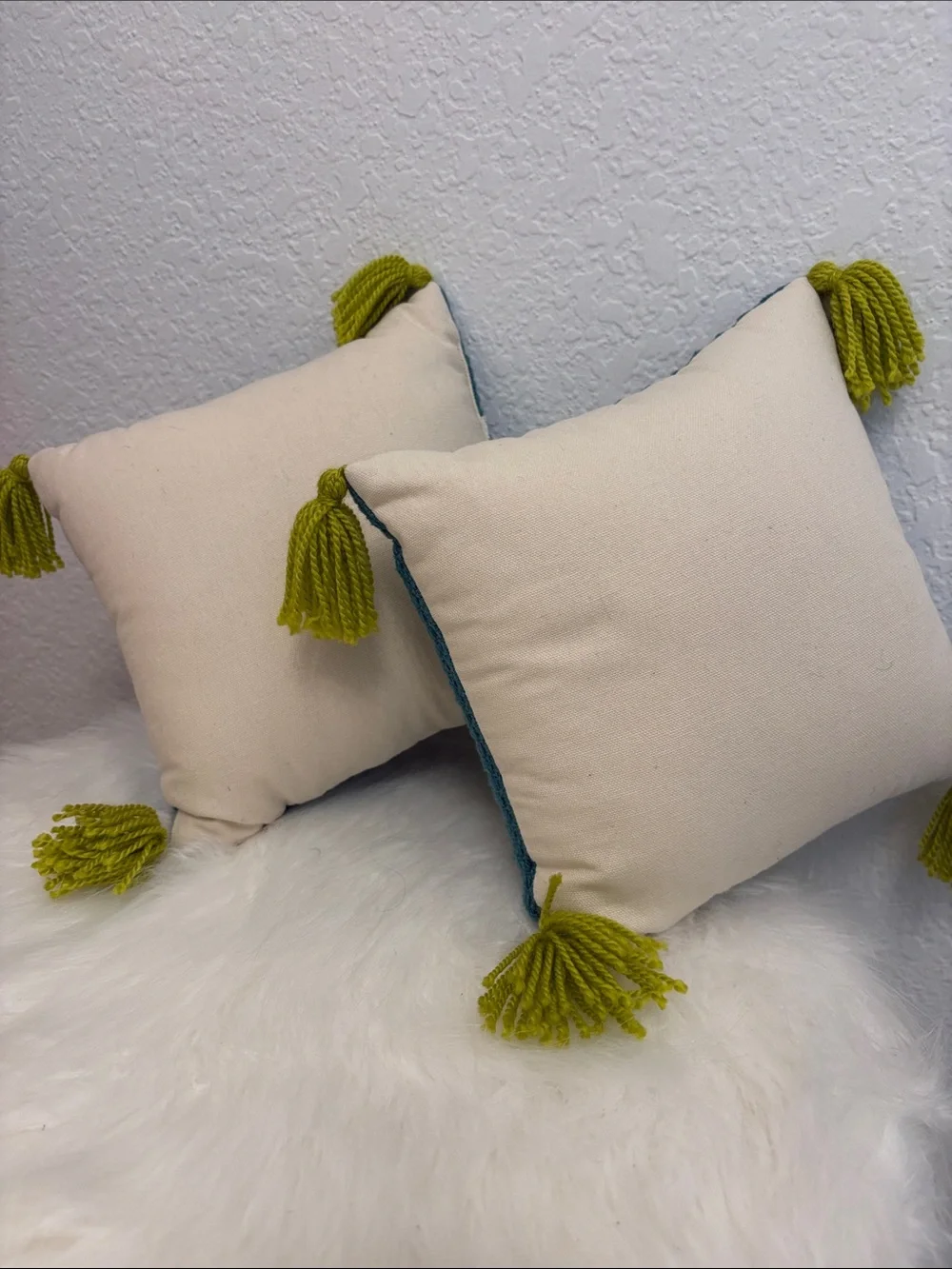 Teal Knit Throw Pillows with Chartreuse Tassels - Set of 2